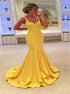 Yellow Satin Sweetheart Straps Ruffles Mermaid Prom Dress LBQ3183